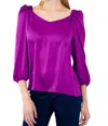 JOSEPH RIBKOFF SATIN STRAIGHT TOP WITH PUFF SLEEVES IN EMPRESS