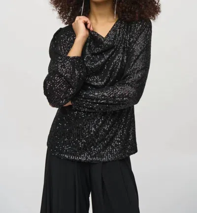 Joseph Ribkoff Sequined Cowl Neck Long Puff Sleeves Top In Black