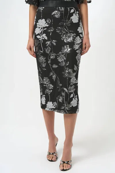 Joseph Ribkoff Sequined Floral Mesh Midi Pencil Skirt In Black/multi