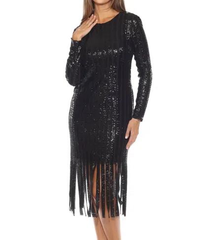 Joseph Ribkoff Sequined Fringe Hem Midi Sheath Dress In Black