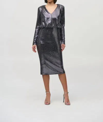 Joseph Ribkoff Sequined V-neck Long Sleeve Sheath Dress In Black/silver