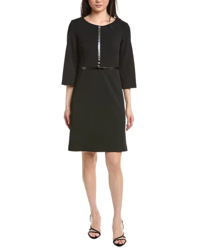 Joseph Ribkoff Faux Leather Trim Three Quarter Sleeve Mini Dress In Black