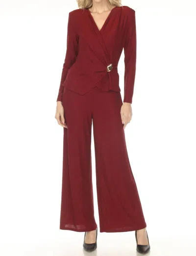 Joseph Ribkoff Shimmery Faux Wrap Wide Leg Jumpsuit In Deep Cherry In Red