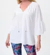 JOSEPH RIBKOFF SHIRRED V-NECK 3/4 SLEEVE TOP IN WHITE