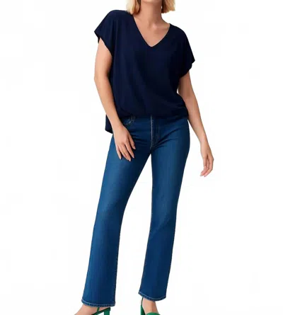 Joseph Ribkoff Short Sleeve V-neck Blouson Top In Midnight Blue