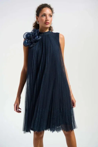 Joseph Ribkoff Mesh And Lace A-line Dress With Organza Flower In Midnight Blue
