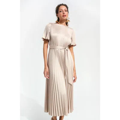 Joseph Ribkoff Signature | Pleated Satin Fit And Flare Dress With Sash Belt In Neutral