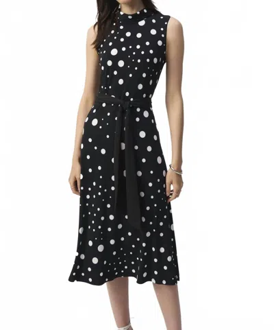 JOSEPH RIBKOFF SILKY KNIT DOT PRINT FIT AND FLARE DRESS IN BLACK/VANILLA