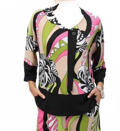 JOSEPH RIBKOFF SILKY KNIT RETRO PRINT TUNIC IN GREEN