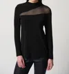 JOSEPH RIBKOFF SILKY KNIT TOP WITH EMBELLISHED MESH INSERT IN BLACK