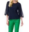 Joseph Ribkoff Silky Knit Top With Mesh Sleeves In Midnight Blue In Black