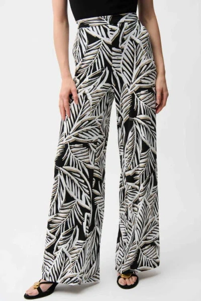 Joseph Ribkoff Silky Knit Tropical Print Wide Leg Pull-on Pants In Black