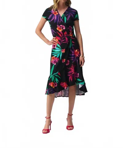 Joseph Ribkoff Silky Knit Tropical Print Wrap Dress In Black/multi