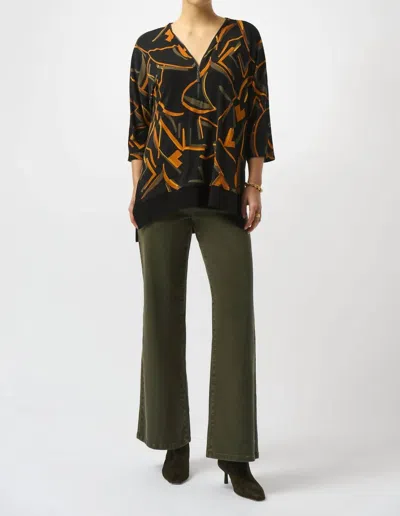 Joseph Ribkoff Silky Knit V-neck 3/4 Sleeves Tunic Top In Black/multi