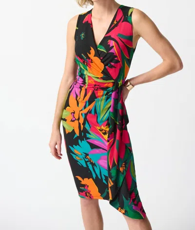Joseph Ribkoff Tropical Print Wrap Front Dress In Black/multi
