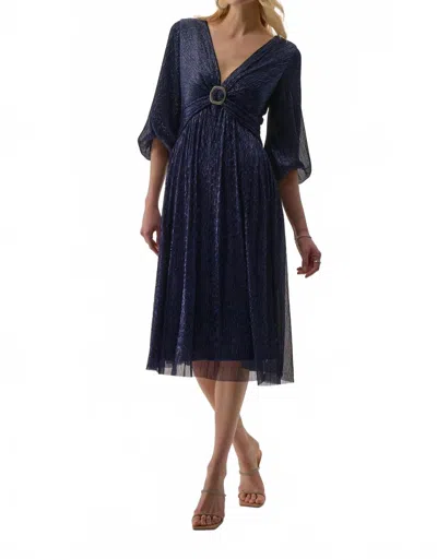 Joseph Ribkoff Sparkle Mesh 3/4 Puff Sleeve Midi Dress In Navy In Blue