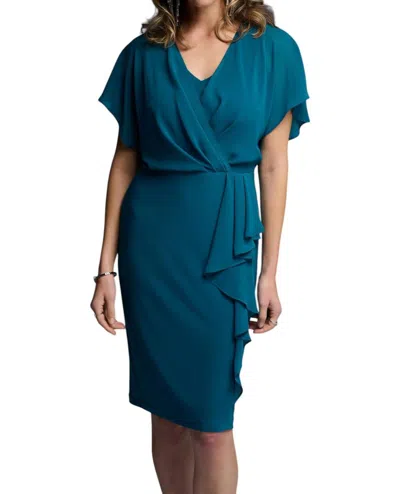 Joseph Ribkoff Split Sleeve Side Ruffle Chiff Dress In Lagoon Blue