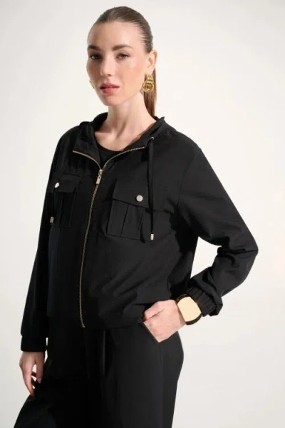 Joseph Ribkoff Stretch Woven Hooded Boxy Utility Jacket In Black
