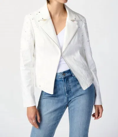 Joseph Ribkoff Studded Foiled Suede Jacket With Floral Appliqué In Vanilla In White