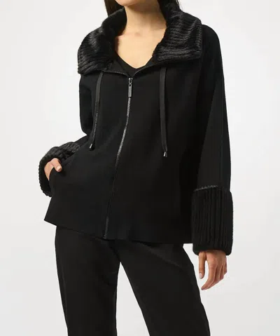 Joseph Ribkoff Sweater Knit Fur Trim Long Sleeve Jacket In Black