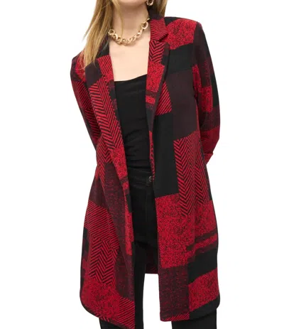 JOSEPH RIBKOFF SWEATER KNIT PATCHWORK PRINT LONG BLAZER IN BLACK/RED