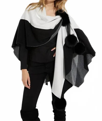 Joseph Ribkoff Tamara Two-tone Poncho With Faux Fur Pom Poms In Black And Vanilla