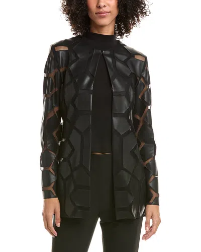 Joseph Ribkoff Faux Leather Geometric Laser Cutout Jacket In Black