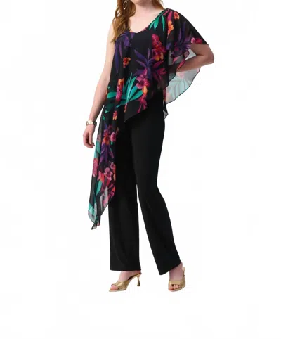 Joseph Ribkoff Tropical Chiffon Overlay Jumpsuit In Black/multi