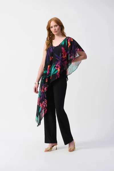 Joseph Ribkoff Tropical Chiffon Overlay Jumpsuit In Black/multi