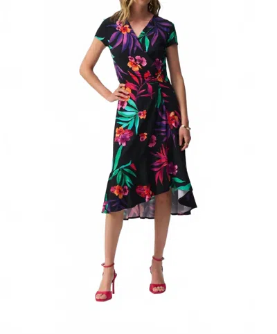 Joseph Ribkoff Tropical Print Faux Wrap Midi Dress In Black/multi In Purple