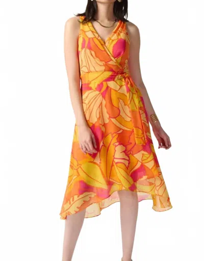 Joseph Ribkoff Tropical Print Faux Wrap Midi Fit & Flare Dress In Pink/multi