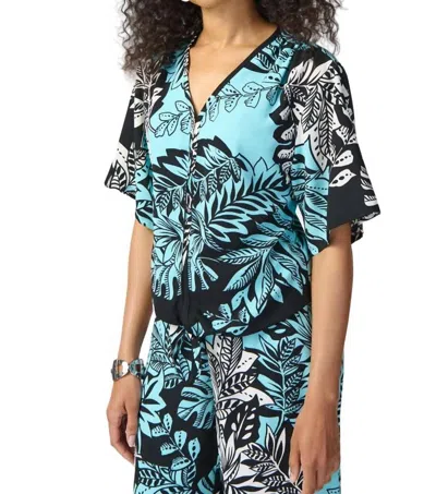 Joseph Ribkoff Tropical Print Gauze Front Tie Top In Blue