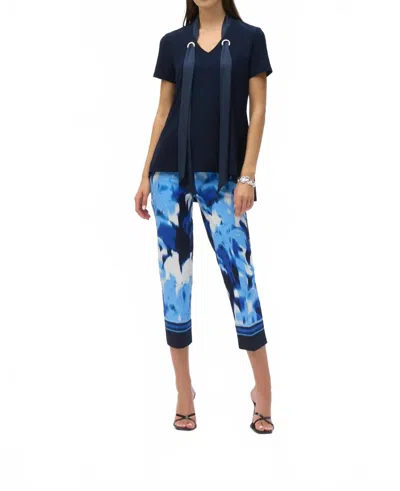Joseph Ribkoff Tropical Print Pull On Cropped Pants In Blue/vanilla