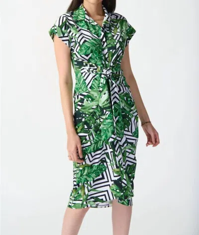 Joseph Ribkoff Tropical Print Waist Tie Shirt Dress In Vanilla/multi In Green