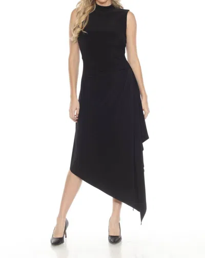Joseph Ribkoff Turtleneck Ruched Asymmetric Midi Dress In Black