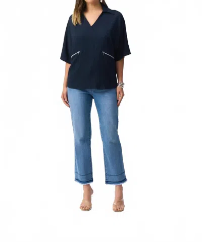 Joseph Ribkoff V-neck Collared 3/4 Sleeves Hi-low Top In Midnight Blue In Black
