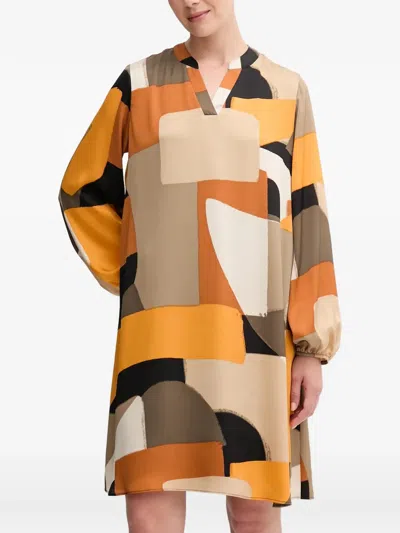 Joseph Ribkoff V-neck Geometric-pattern Midi Dress In Brown