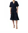 Joseph Ribkoff V-neck Pleated Faux Wrap Midi Dress In Midnight Blue In Blue
