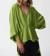 Joseph Ribkoff V-neck Pleated Satin Peplum Top In Greenery In Multi