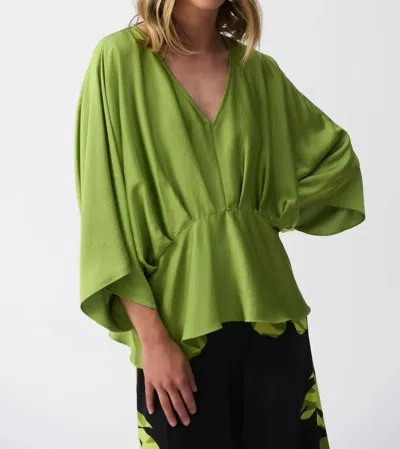 Joseph Ribkoff V-neck Pleated Satin Peplum Top In Greenery In Multi