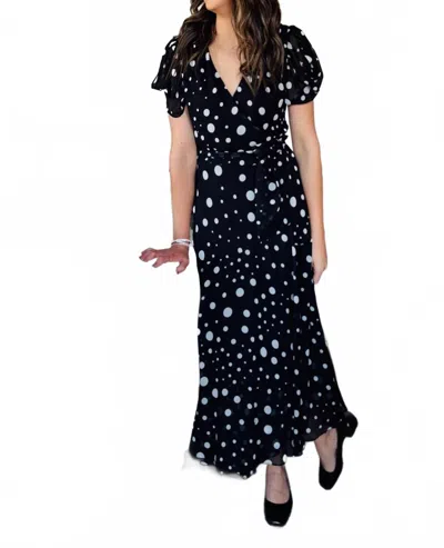 JOSEPH RIBKOFF V-NECK POLKA DOT MIDI DRESS IN BLACK/VANILLA