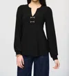 Joseph Ribkoff V-neck Puff Sleeve Flared Top In Black