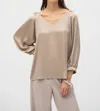 Joseph Ribkoff V-neck Puff Sleeve Satin Top In Dune In Brown
