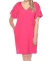 Joseph Ribkoff V-neck Puff Sleeve Shift Dress In Geranium In Pink