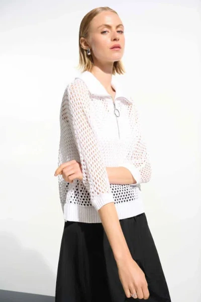 Joseph Ribkoff Vicscose Blend Boxy Sweater Knit With Zipped Neckline In White
