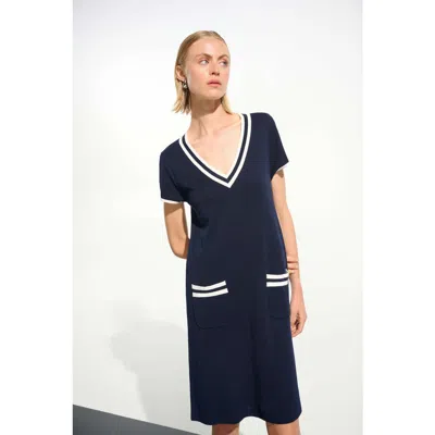 Joseph Ribkoff Viscose Knit A-line Dress With Rib Trim In Blue