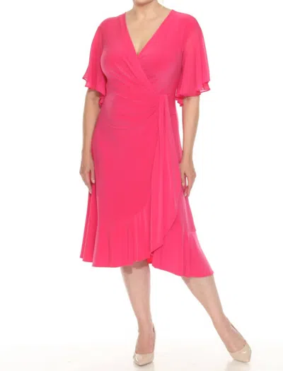 Joseph Ribkoff V-neck Flutter Sleeve Faux Wrap Midi Dress In Geranium In Pink