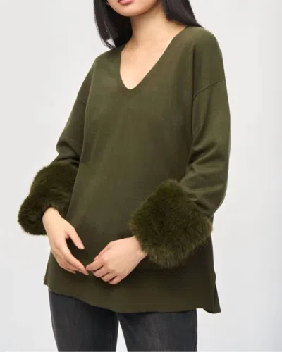 Joseph Ribkoff V-neck Pullover Sweater With Fur Cuffs In Iguana In Multi