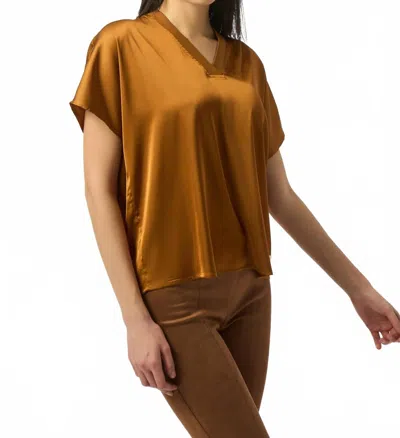 Joseph Ribkoff V-neck Short Sleeve Boxy Satin Top In Whiskey In Brown