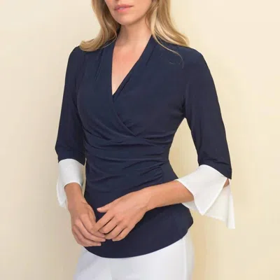 Joseph Ribkoff Vneck Top With White Sleeve Trim In Blue
